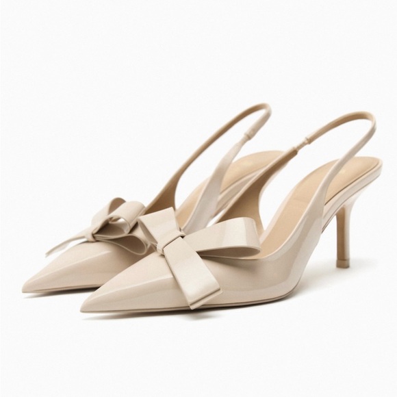 Zara Shoes - Zara - Nude Bow Low Stiletto Heeled Slingbacks